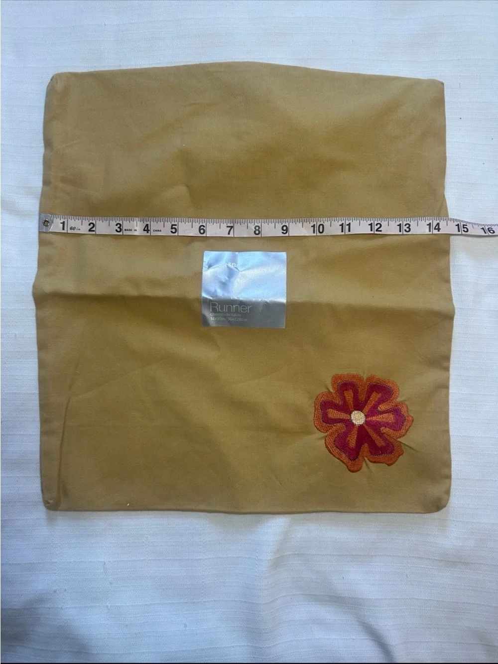 Crate & Barrel Cotton Pillow Cover Yellow Gold Embroidered Flower New 16x14